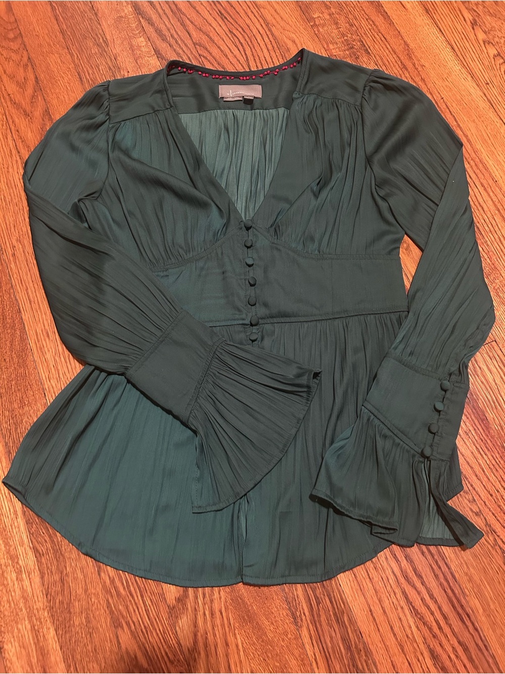 Anthropologie Deep Green Pleated V-Neck Buttoned Peplum Blouse